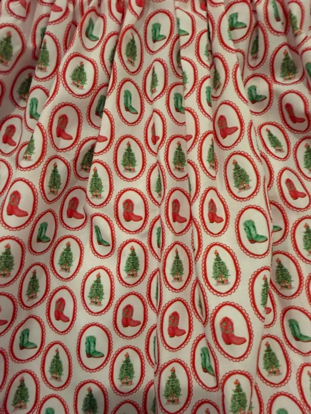Girls Red & Green Holiday Boot & Christmas Tree Prin Dress with Scalloped Collar